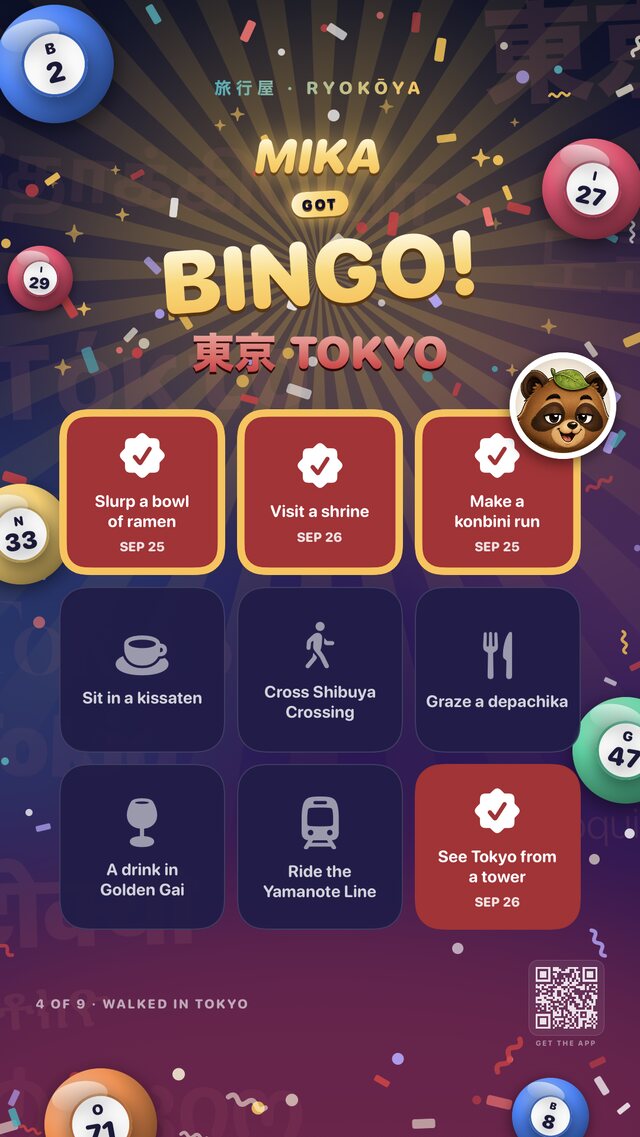 A Ryokōya City Bingo share card: Mika got BINGO in Tokyo, with four of nine squares walked, among them Slurp a bowl of ramen, Visit a shrine, Make a konbini run and See Tokyo from a tower.