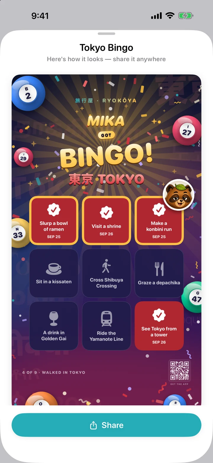 Three in a row. A proper celebration.: The sample Tokyo Bingo share preview. Squares are earned from your trips, and three in a row is a BINGO.