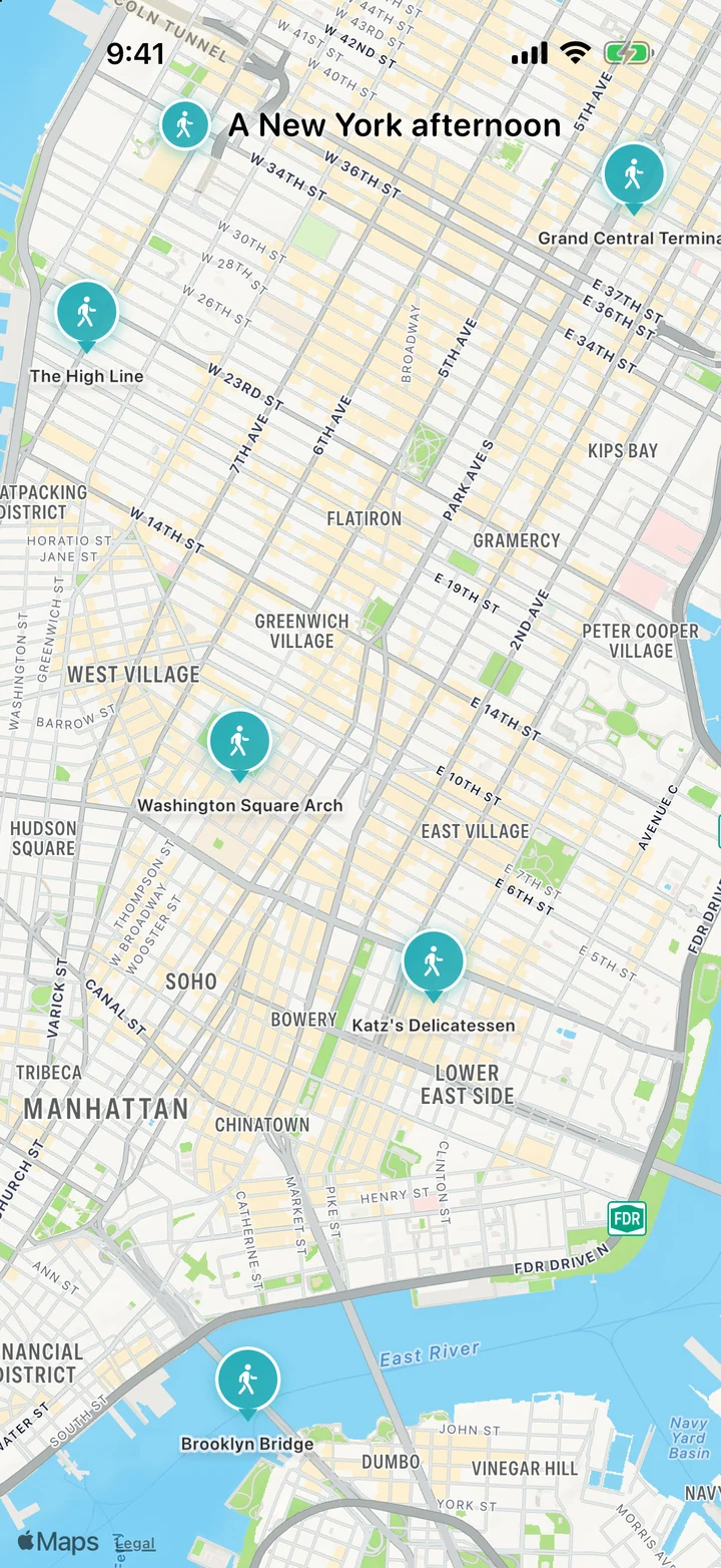 The collection, on the map: Pins help you find the places in your collection. A saved collection is not itself a recorded trip.
