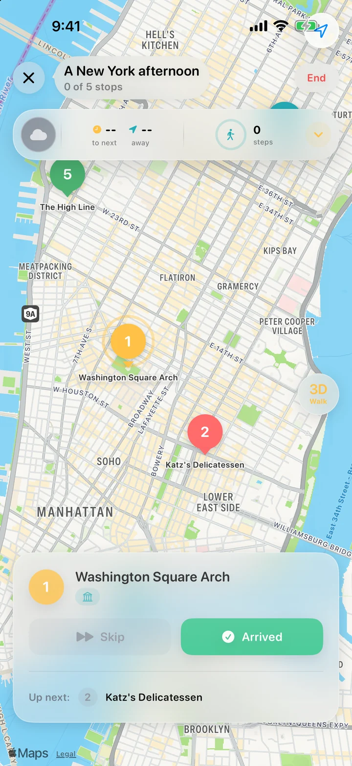 One stop at a time: The actual navigation screen for the demo plan. Guidance and trip recording are separate; start a trip too if you want its journal.