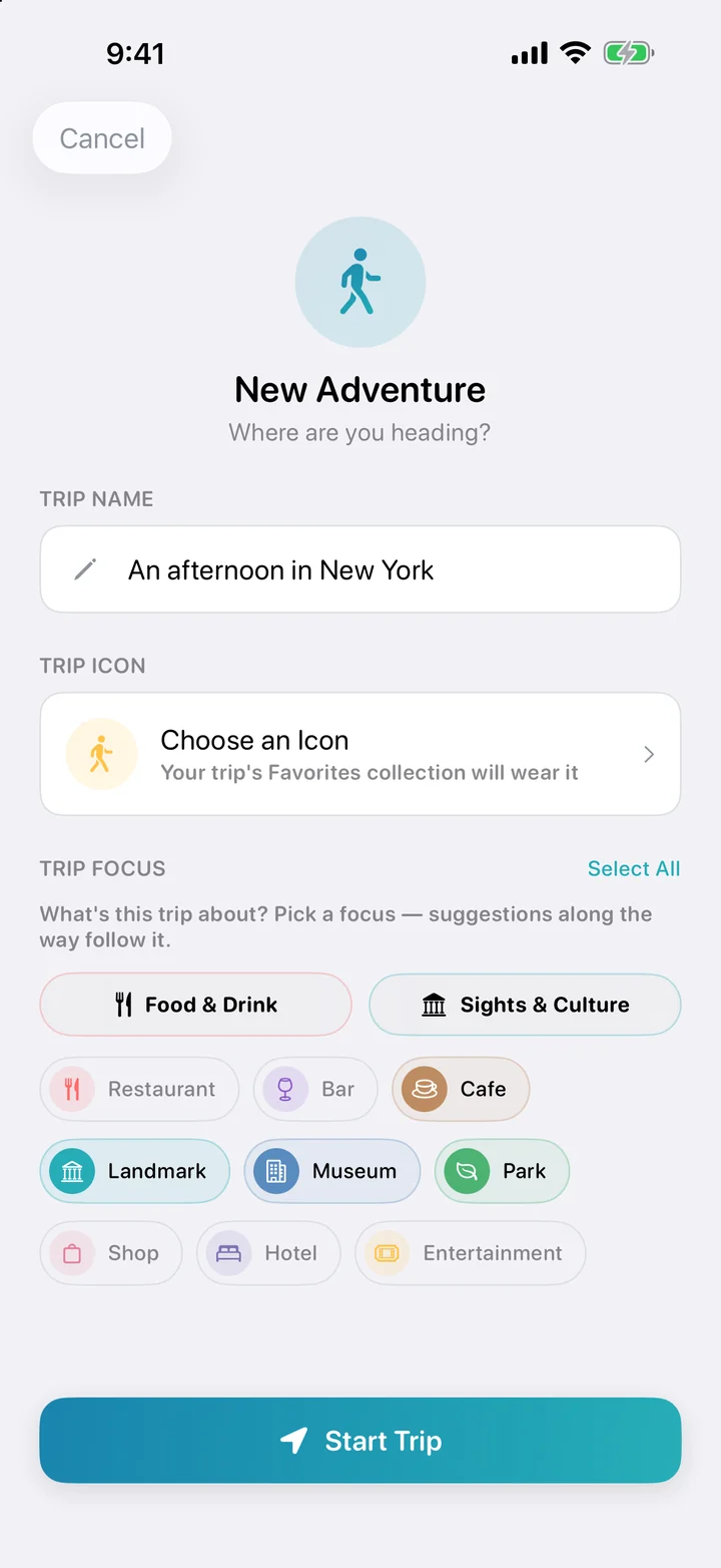 Make this outing yours: Give a trip a name, pick its icon and choose the kinds of places you care about.