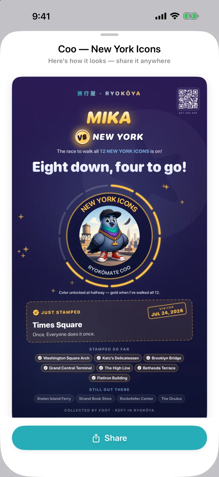 クーの「New York Icons」の進み具合カードに、「8つクリア、あと4つ!」のひとこと。