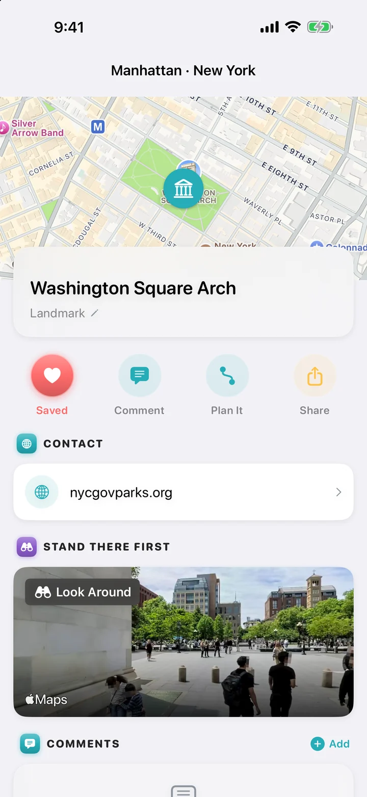 One pin, plenty to discover: A place sheet offers details and actions such as Save and Plan It. Hours, a website and Look Around depend on available information.
