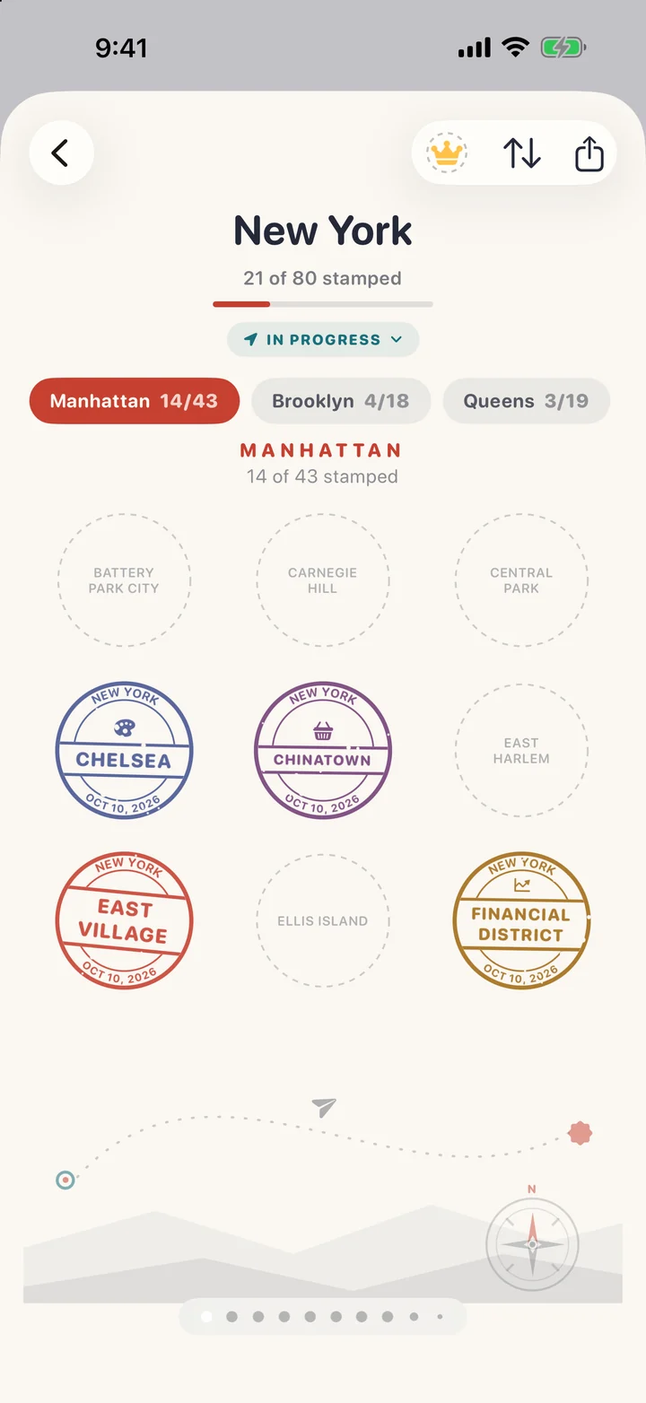 Every seal has a place and a day: A released 1.2.1 demo Stamp Book page shows the neighborhood names across their postmarks.