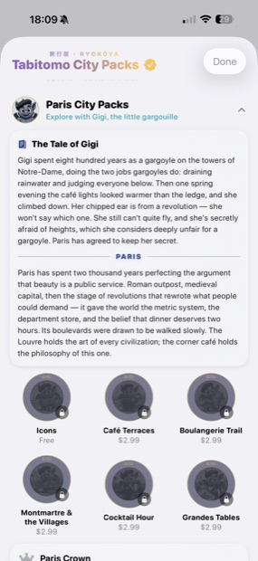 A Ryokōya city pack: Paris, with the tale of Gigi the gargoyle and eight curated collections.